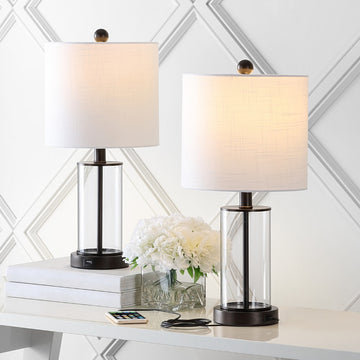 Abner 21" Glass Modern Contemporary USB Charging LED Table Lamp - JONATHAN Y